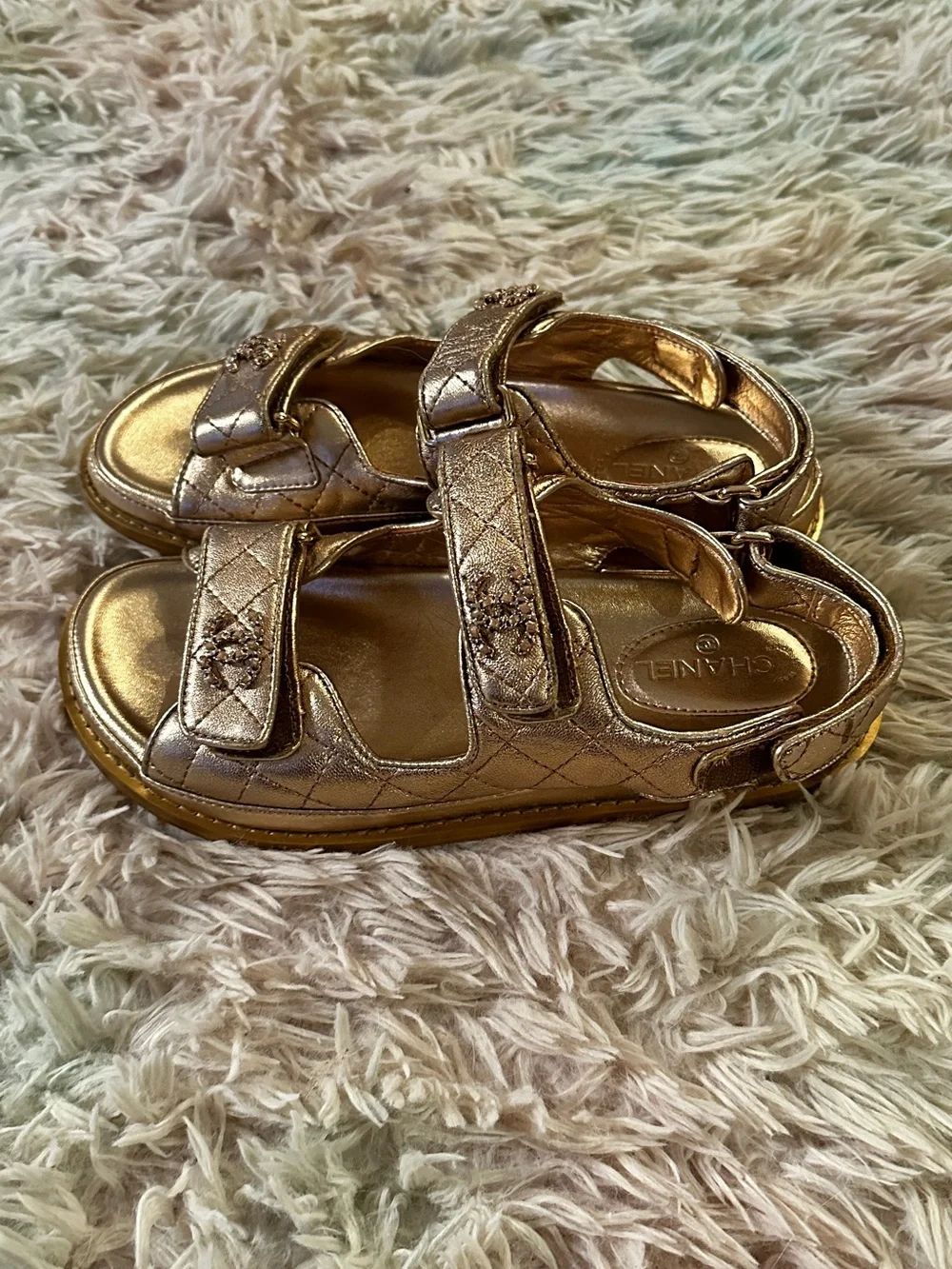 Chanel Iridescent Lambskin Quilted Velcro Dad Sandals in Light Bronze Size 40